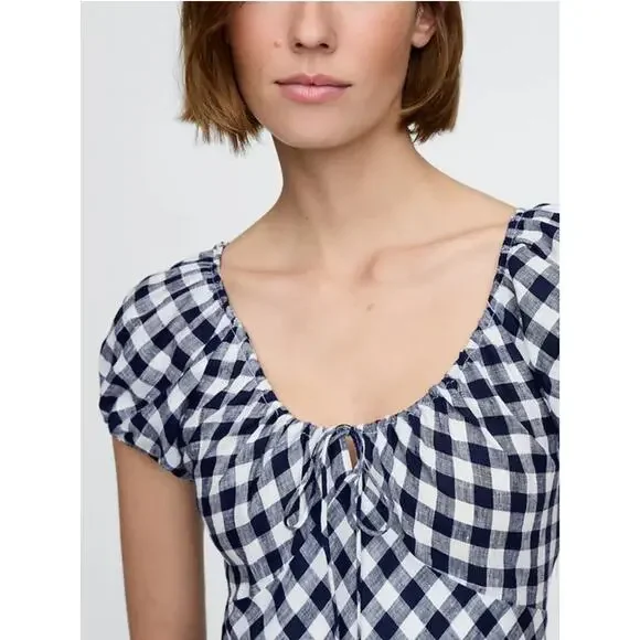 NWT Gap × DÔEN 100% Linen Blue Gingham Midi Dress - XXS - Picture 4 of 5